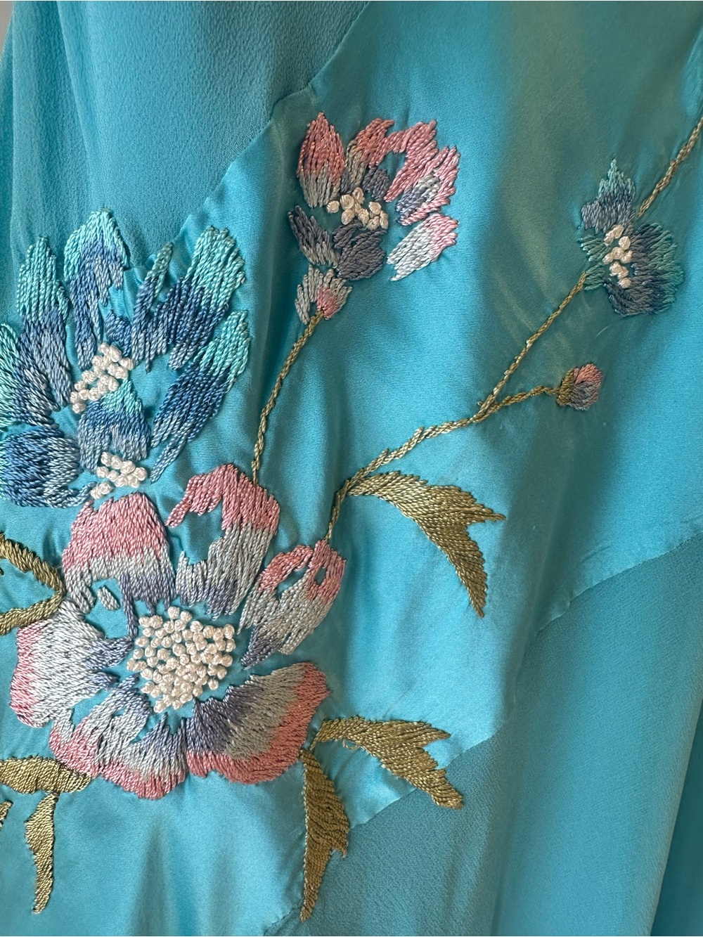 Sue Wong Silk Turquoise Y2K Ruched Floral Embroidered Asymmetrical Dress- Size 8 - Picture 5 of 14